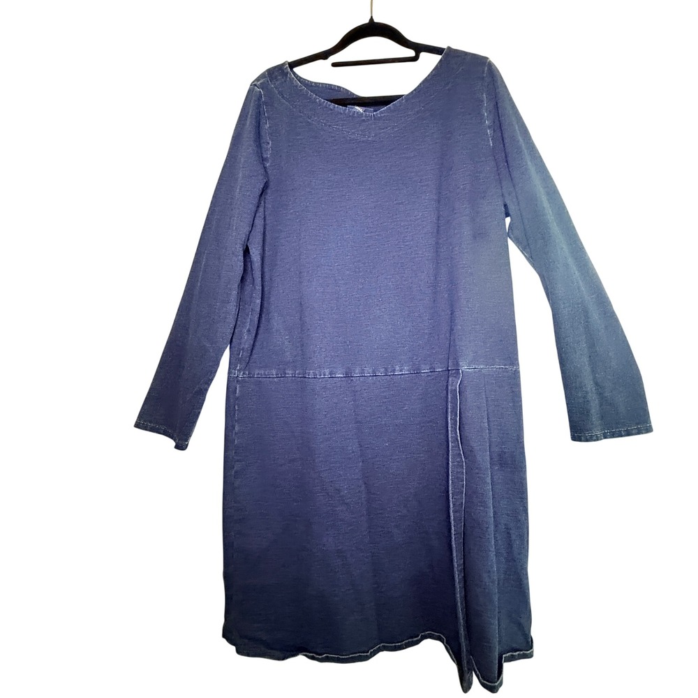 Pure J. Jill Indigo Faux-Wrap Knit Shift Dress L Blue Cotton Stretch Lagenlook